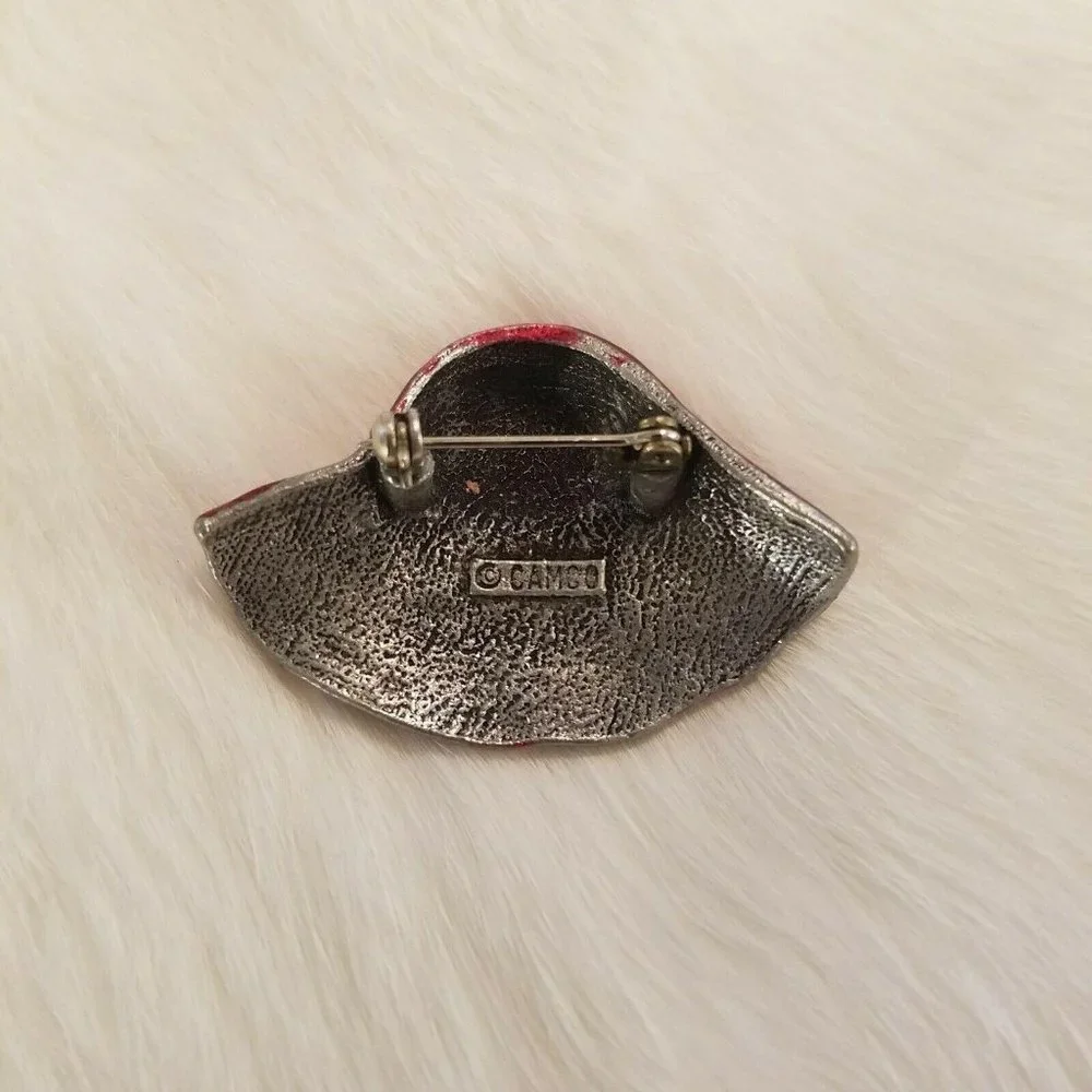 Vintage Camco Red Hat‎ Brooch Pewter Enamel Art Deco Bow Flower Victorian 2196